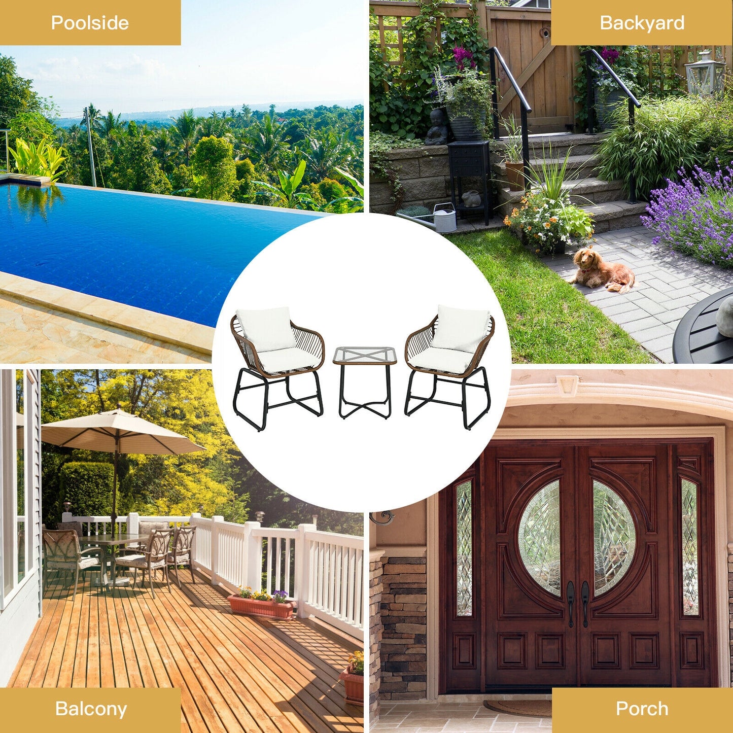 3-Piece Rattan Bistro Set with Cushioned Chairs & Glass Table
