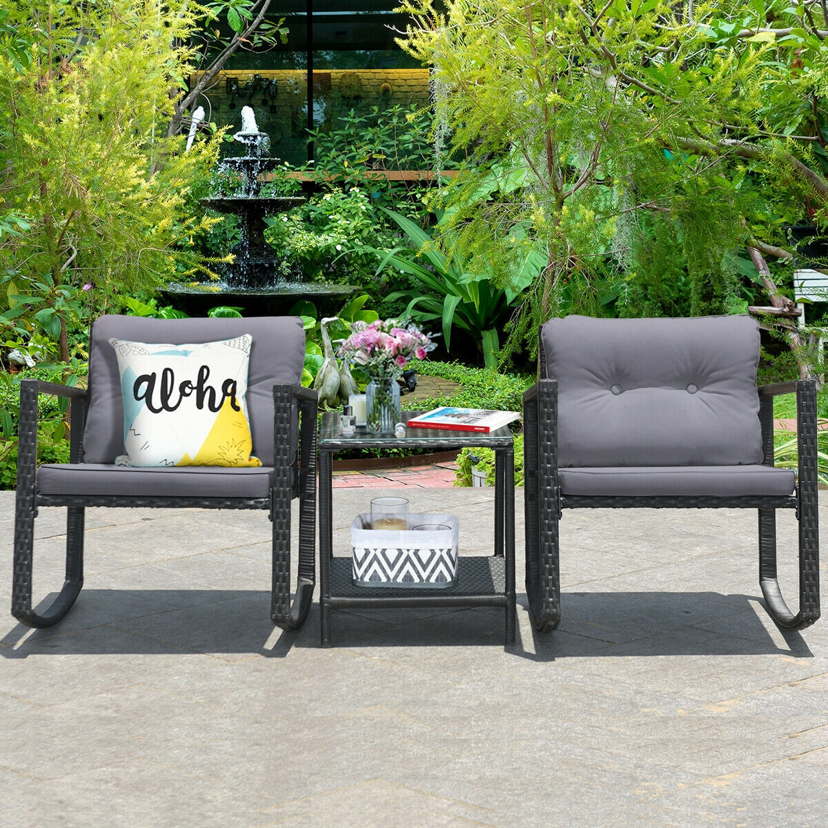 3-Piece Patio Rocking Chair Set with Cushions & Glass Table