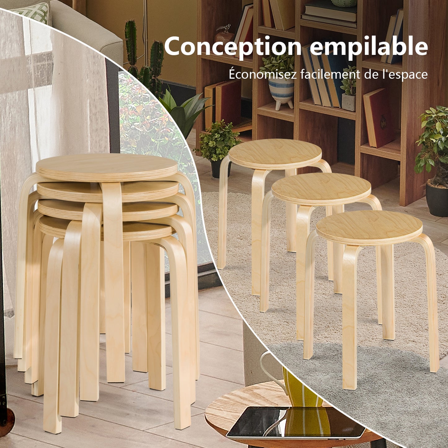 18-Inch Backless Wooden Dining Chairs - Set of 4