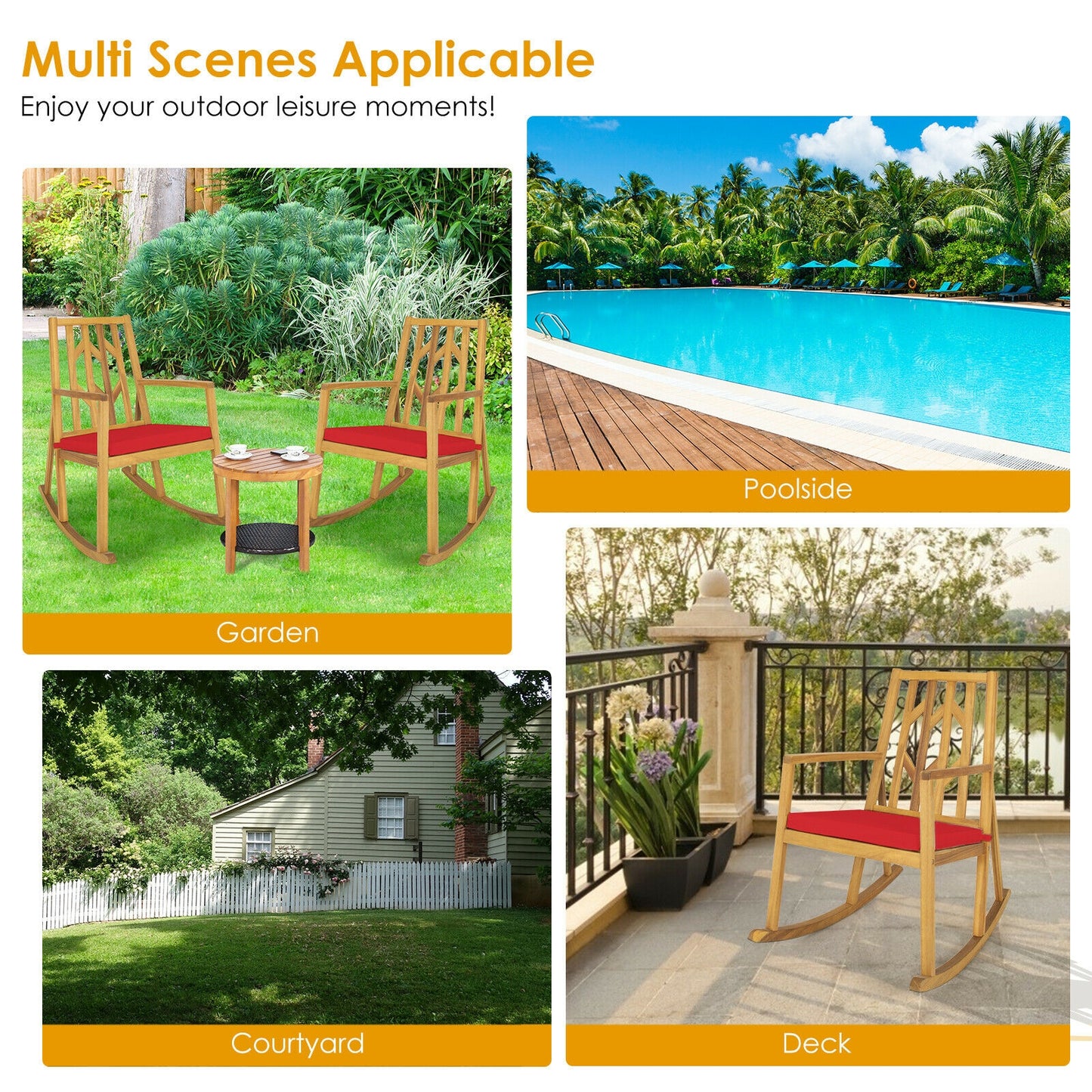 Acacia Wood Patio Rocking Chair with Cushion and Armrests