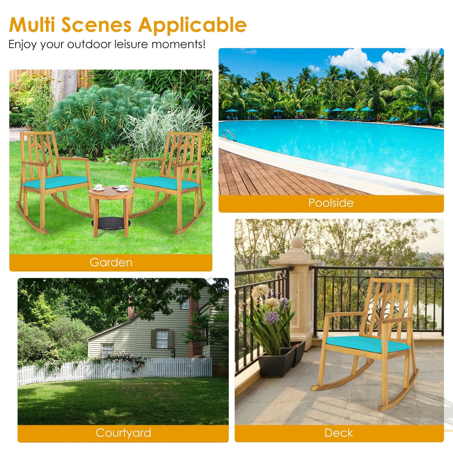 Acacia Wood Patio Rocking Chair with Cushion and Armrests