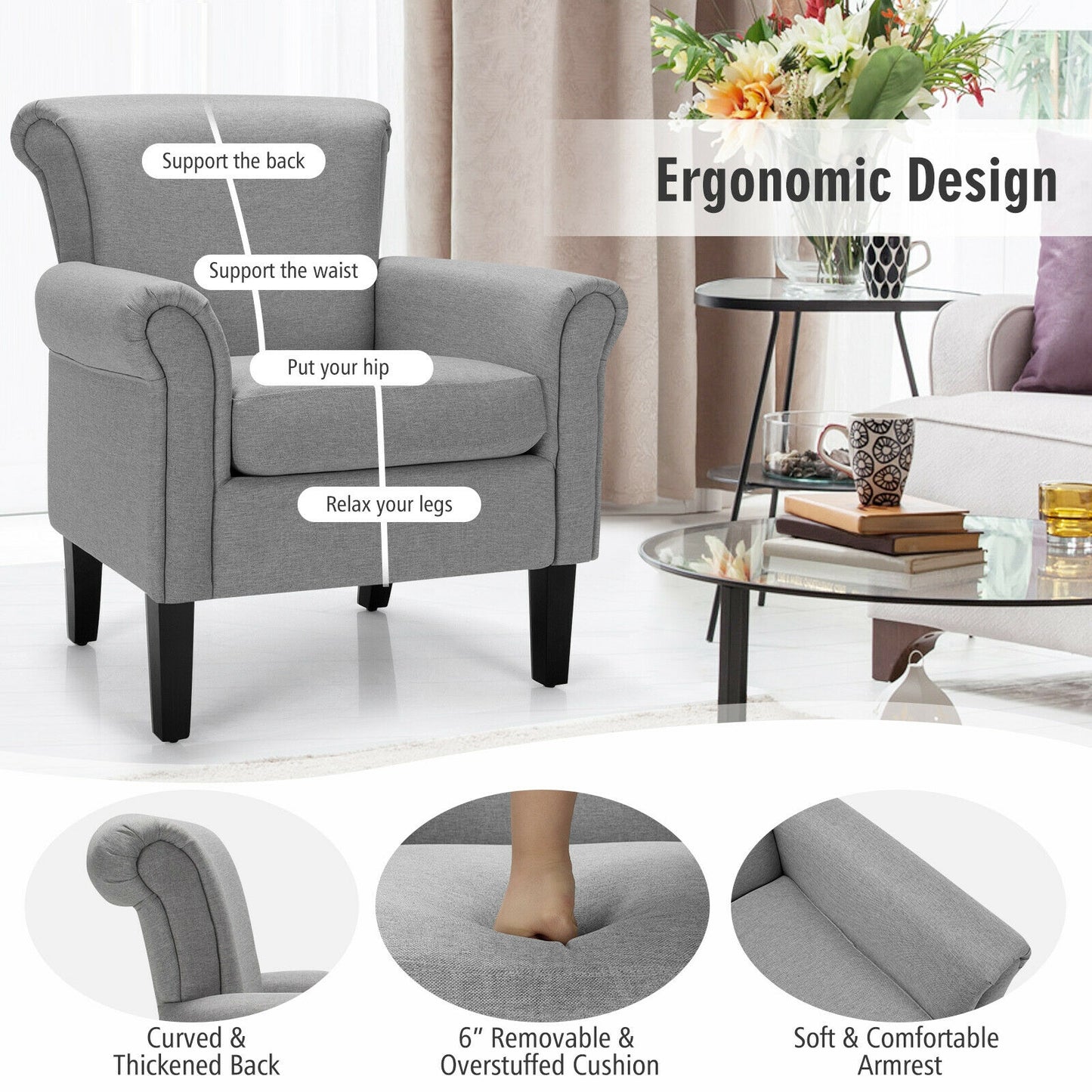 Upholstered Accent Chair with Adjustable Foot Pads