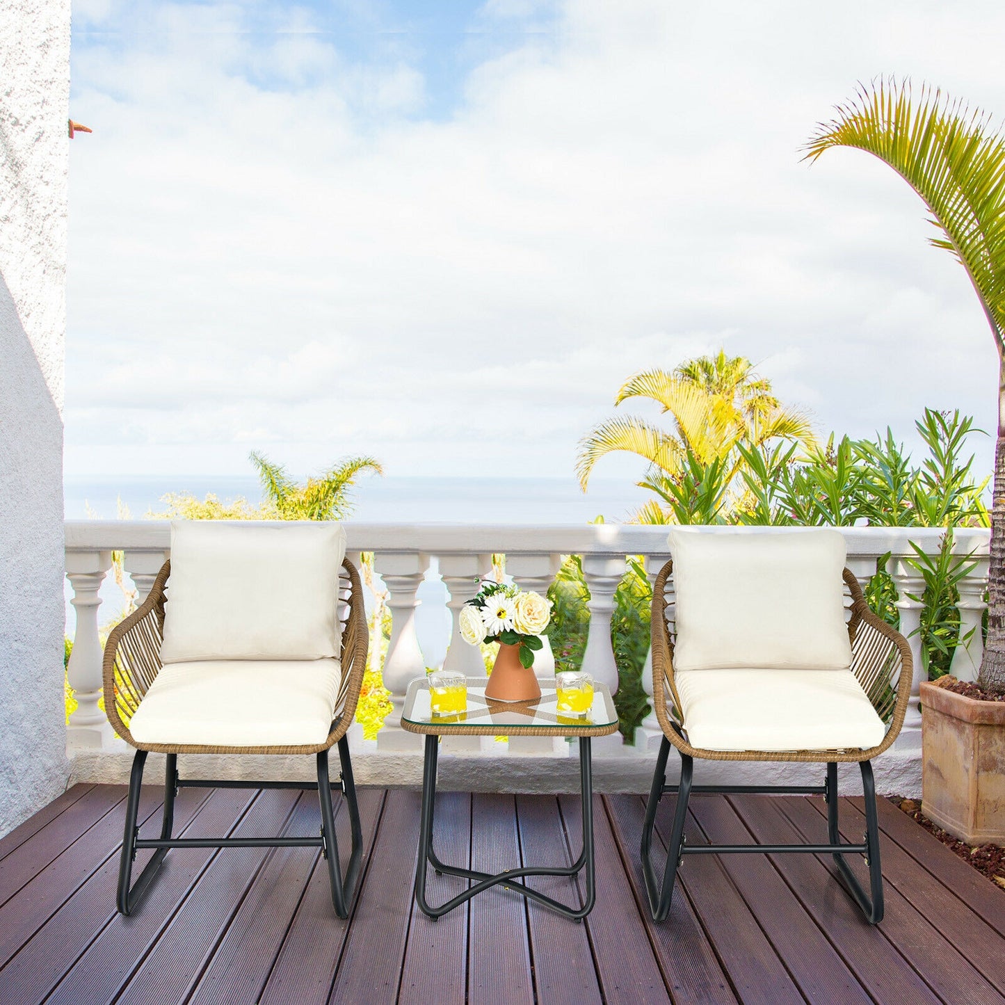 3-Piece Patio Bistro Set with Rattan Chairs & Glass Table
