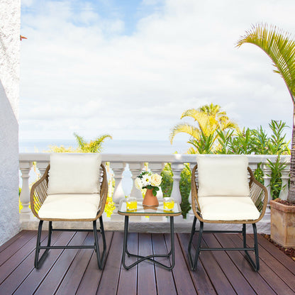 3-Piece Patio Bistro Set with Rattan Chairs & Glass Table