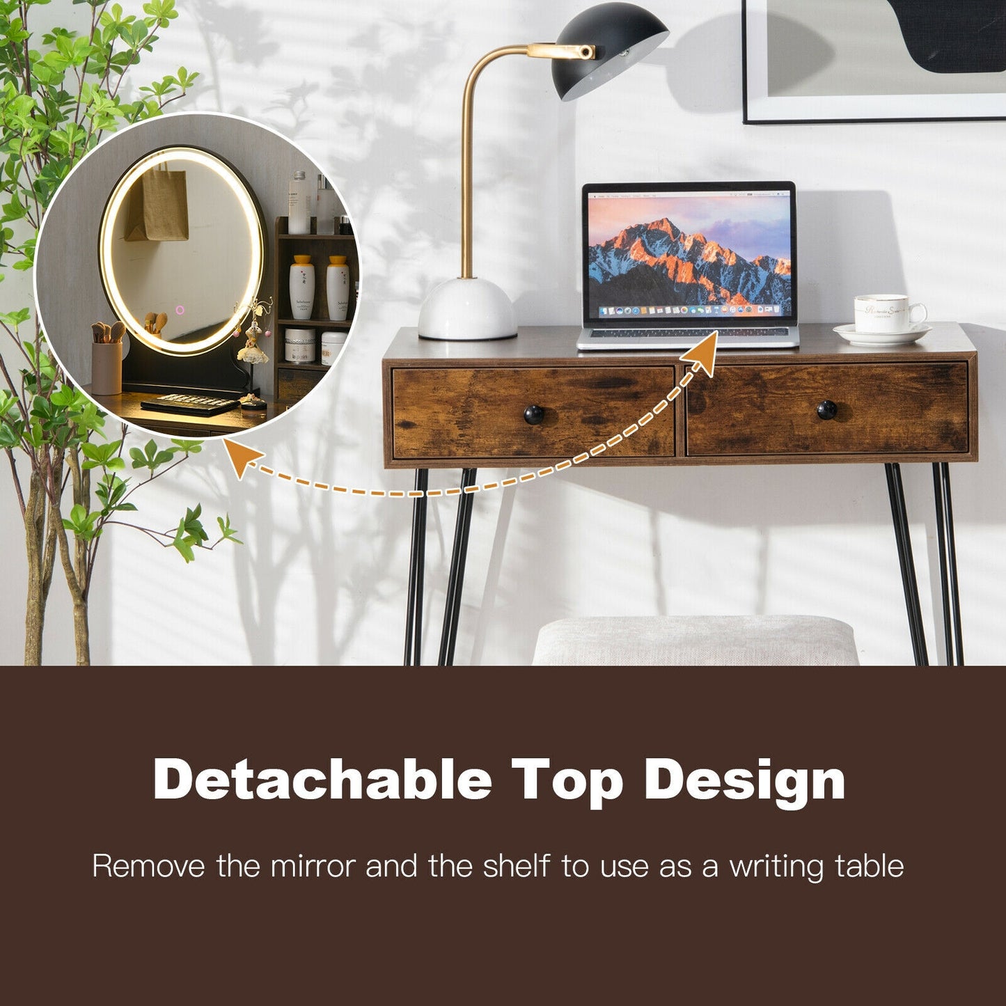 Vanity Table Set with Lighted Mirror and Cushioned Stool
