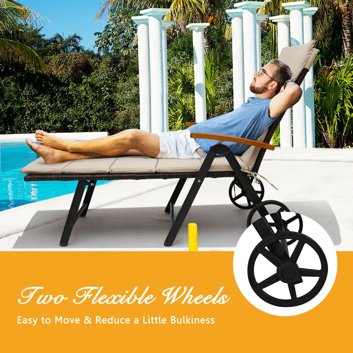 Adjustable Rattan Chaise Lounge Chair with Cushion