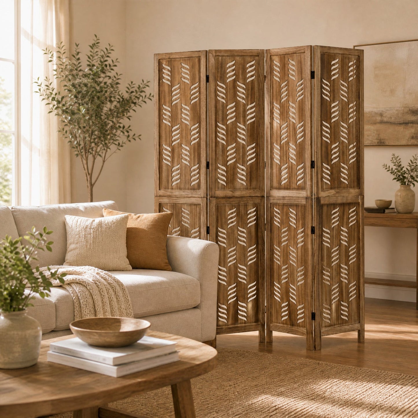 4-Panel Room Divider with Wave Cutout - 5.5 FT Tall