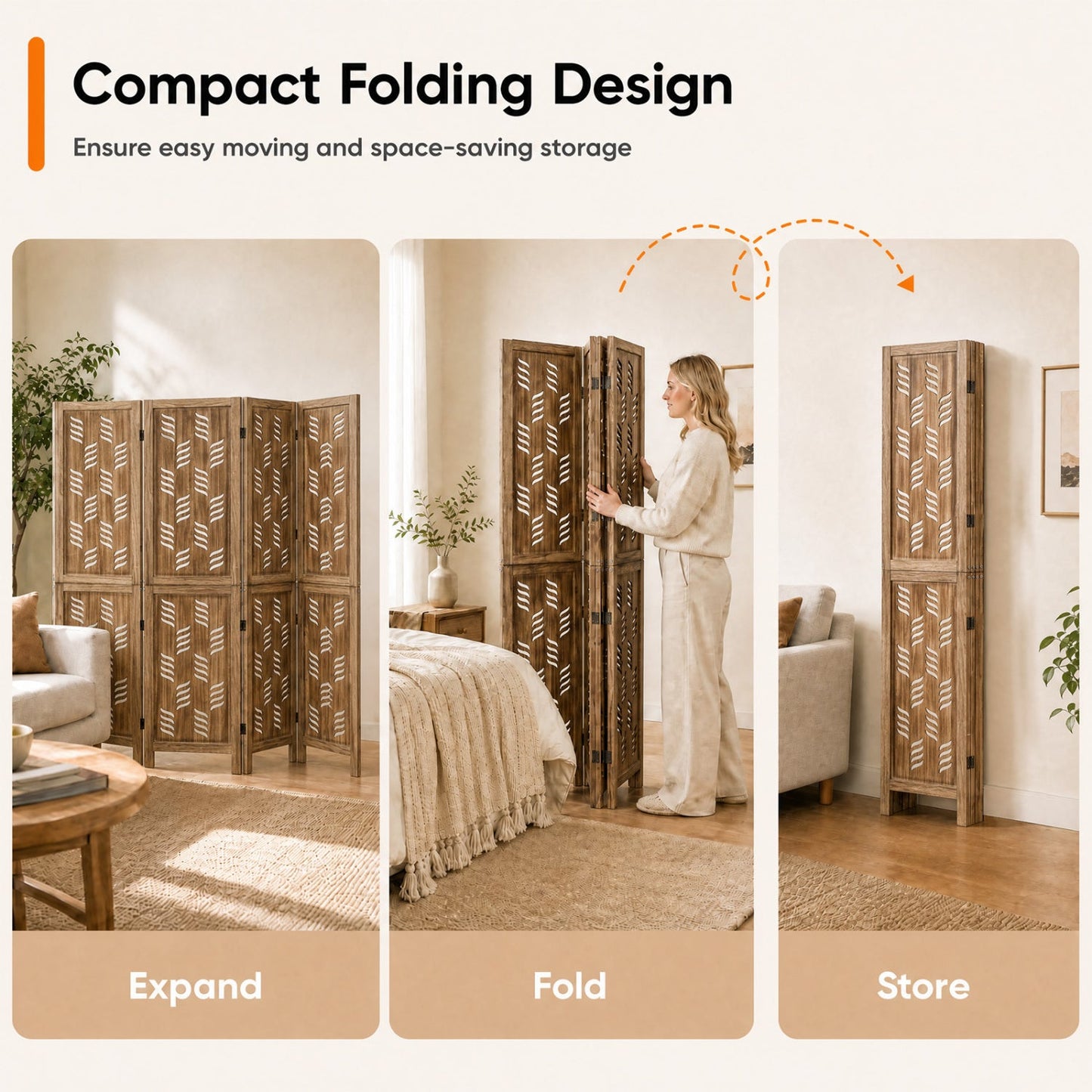 4-Panel Room Divider with Wave Cutout - 5.5 FT Tall