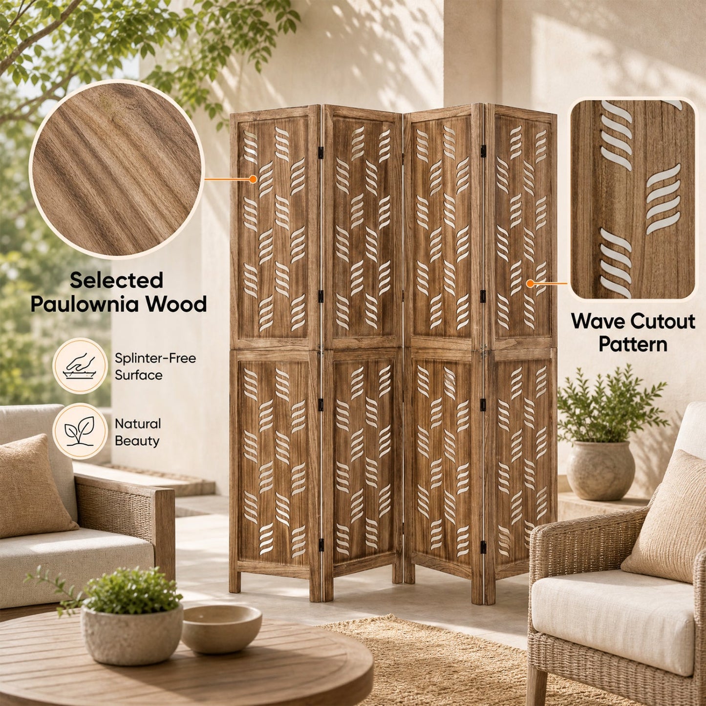 4-Panel Room Divider with Wave Cutout - 5.5 FT Tall