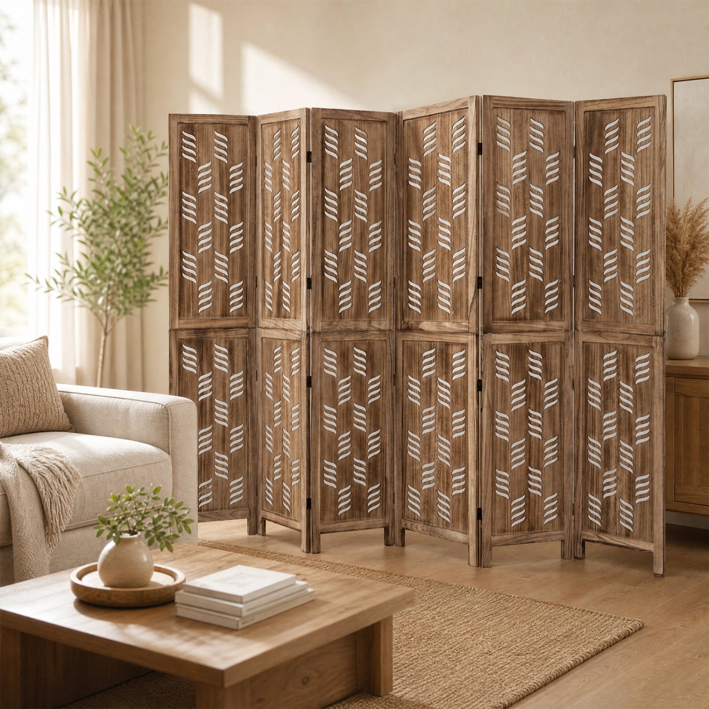 6-Panel Room Divider with Wave Cutout - 95" Paulownia Wood