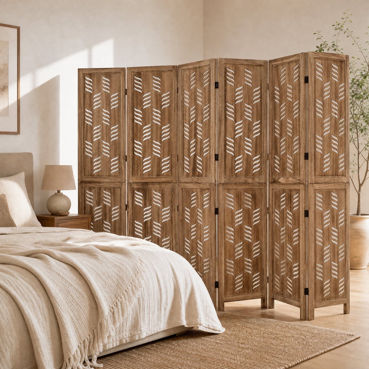 6-Panel Room Divider with Wave Cutout - 95" Tall Paulownia Wood