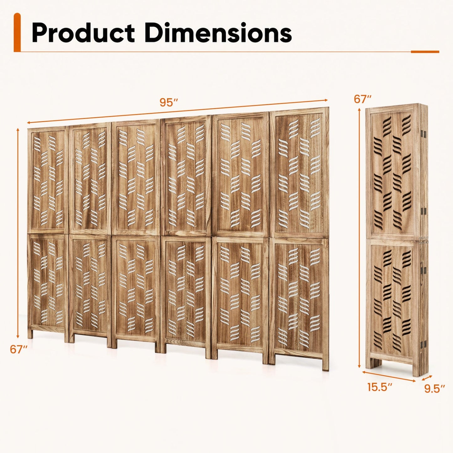 6-Panel Room Divider with Wave Cutout - 95" Paulownia Wood