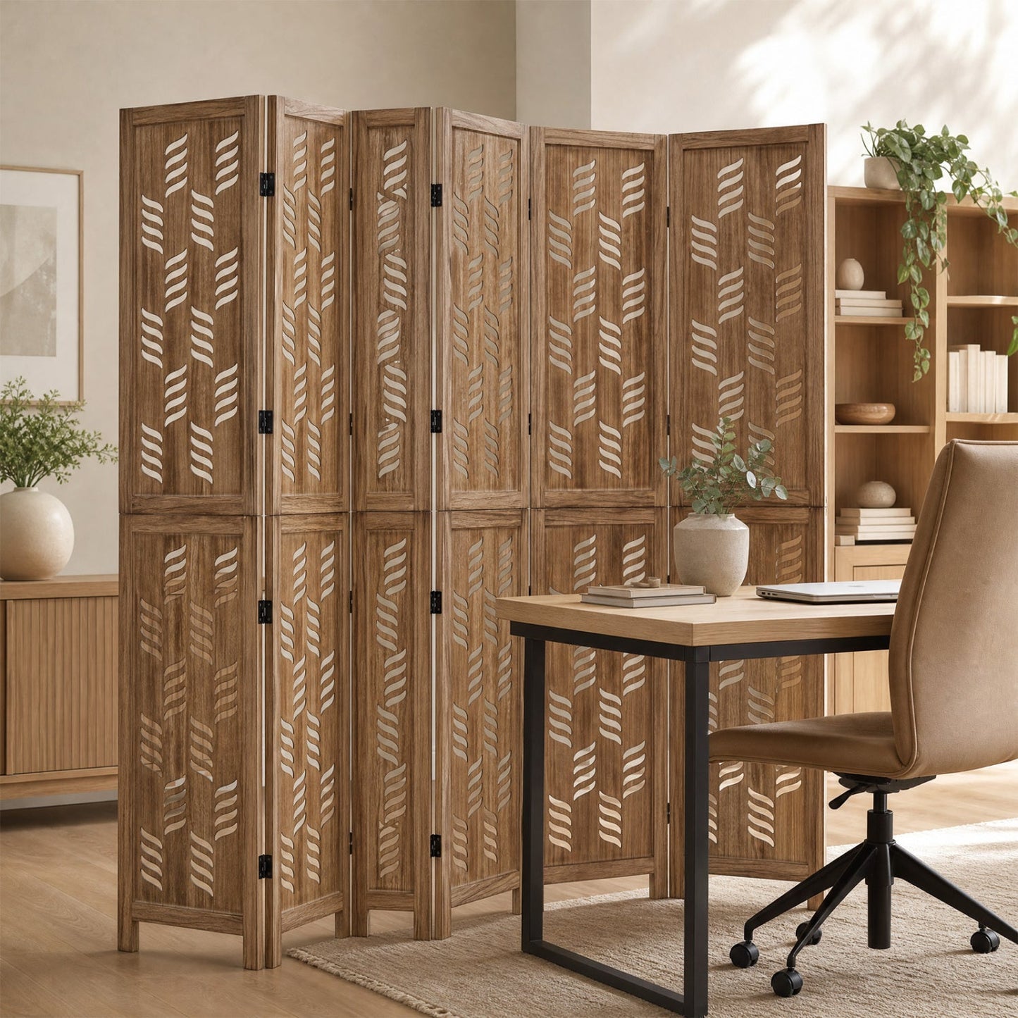 6-Panel Room Divider with Wave Cutout - 95" Paulownia Wood