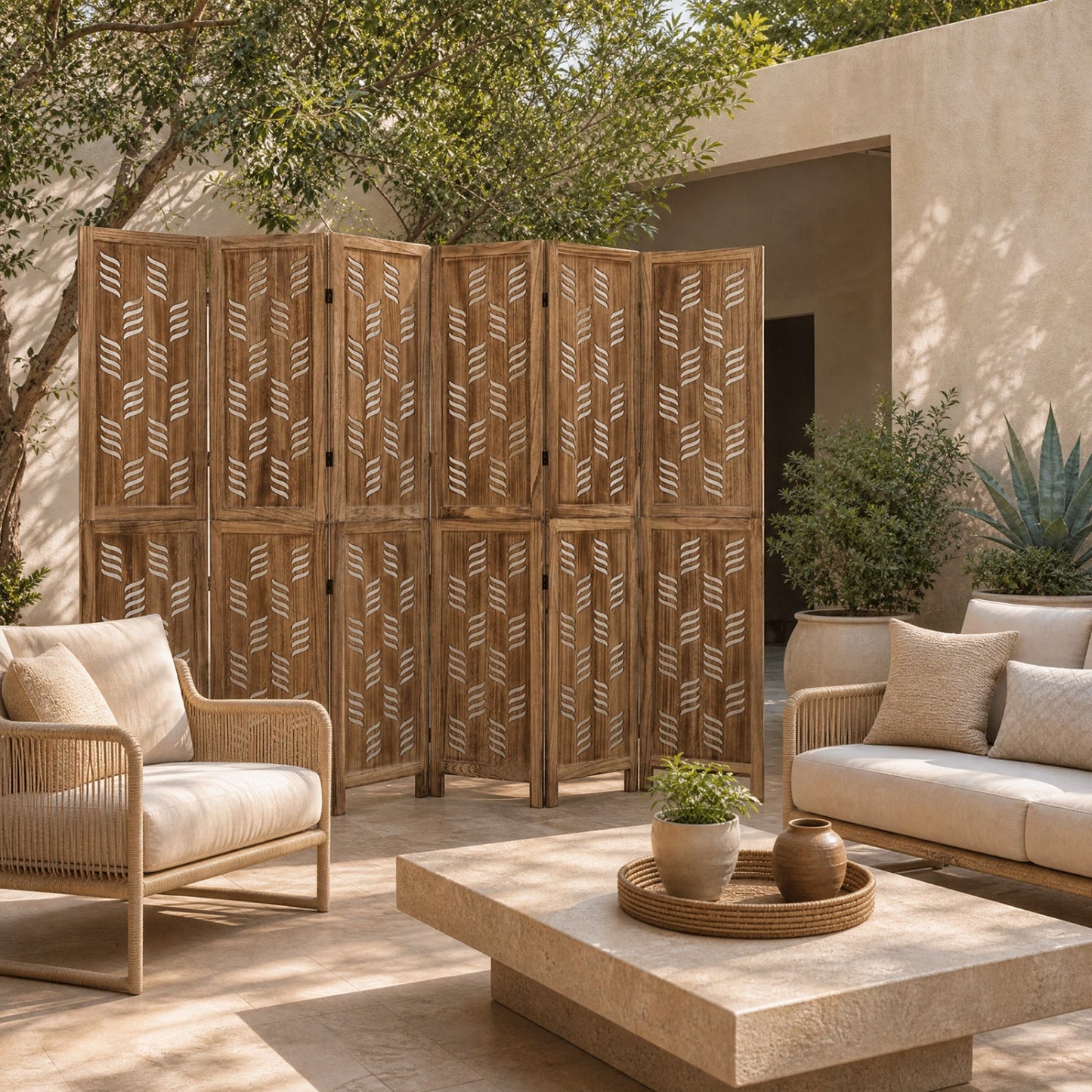 6-Panel Room Divider with Wave Cutout - 95" Tall Paulownia Wood