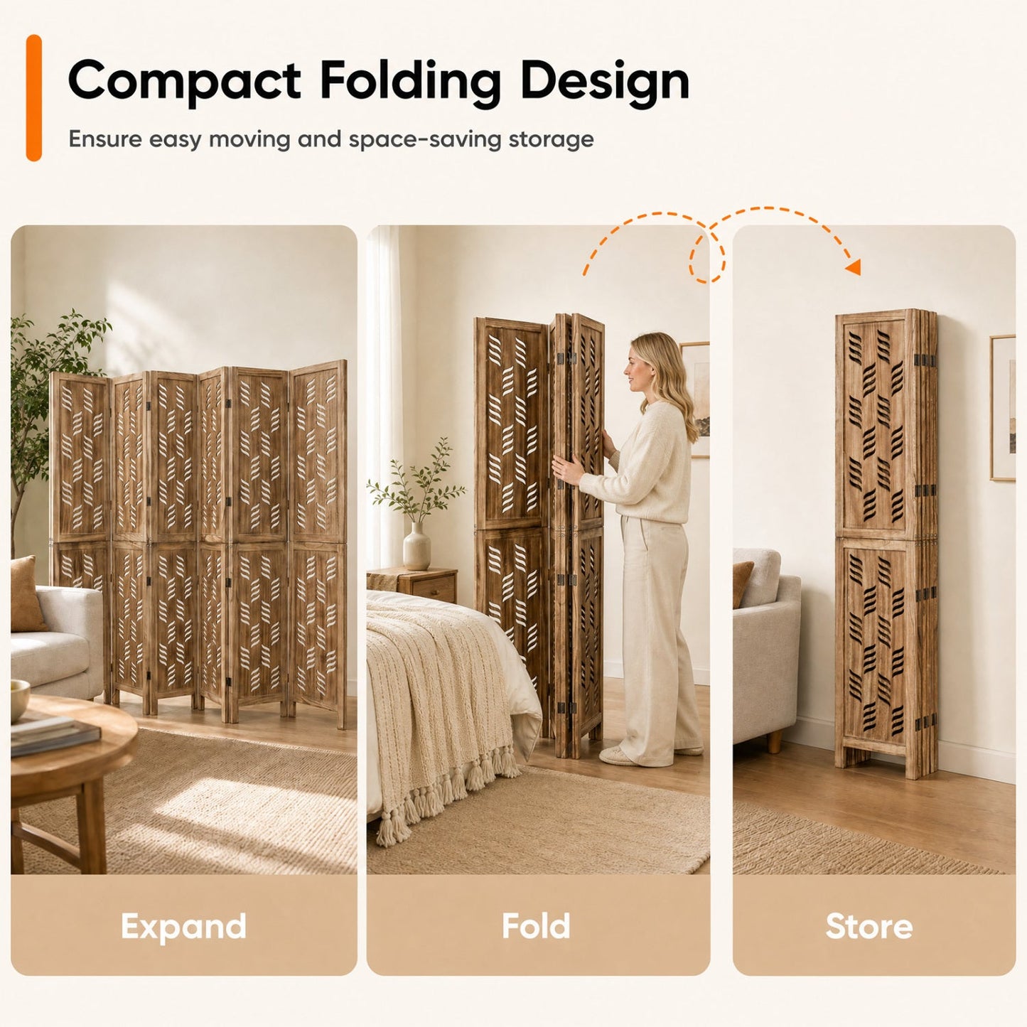 6-Panel Room Divider with Wave Cutout - 95" Paulownia Wood
