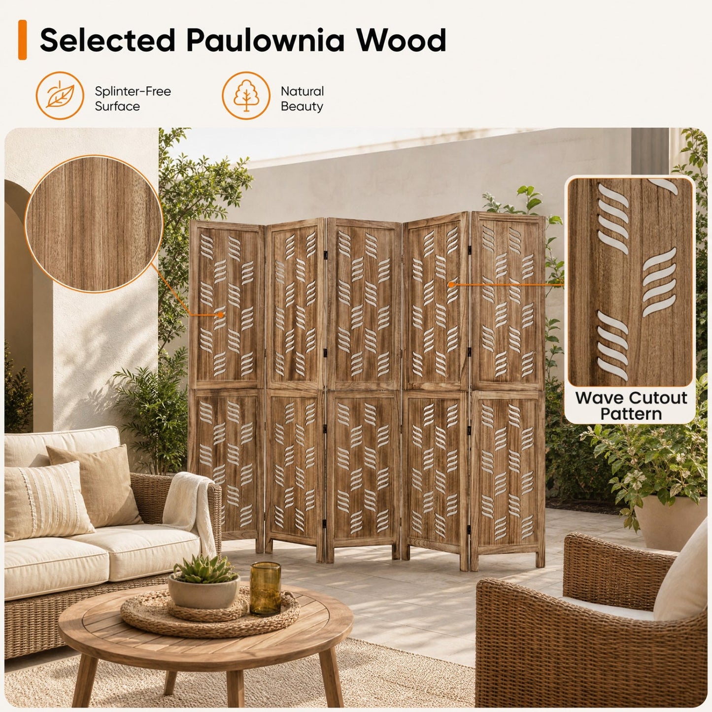 6-Panel Room Divider with Wave Cutout - 95" Paulownia Wood