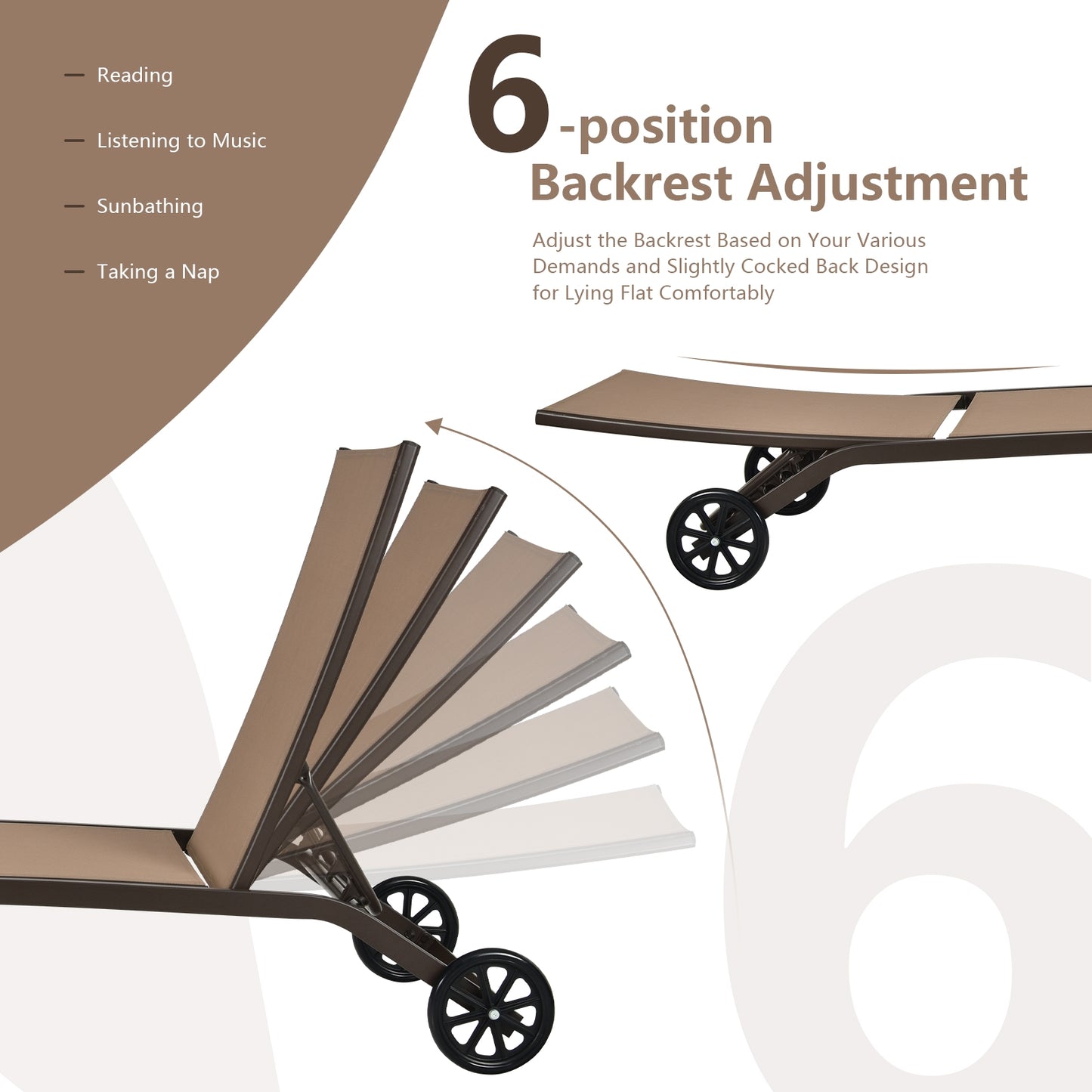 Adjustable Outdoor Chaise Lounge with Wheels - 6 Positions