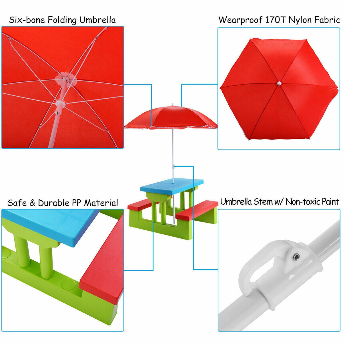 Kids Picnic Table and Bench Set with Umbrella
