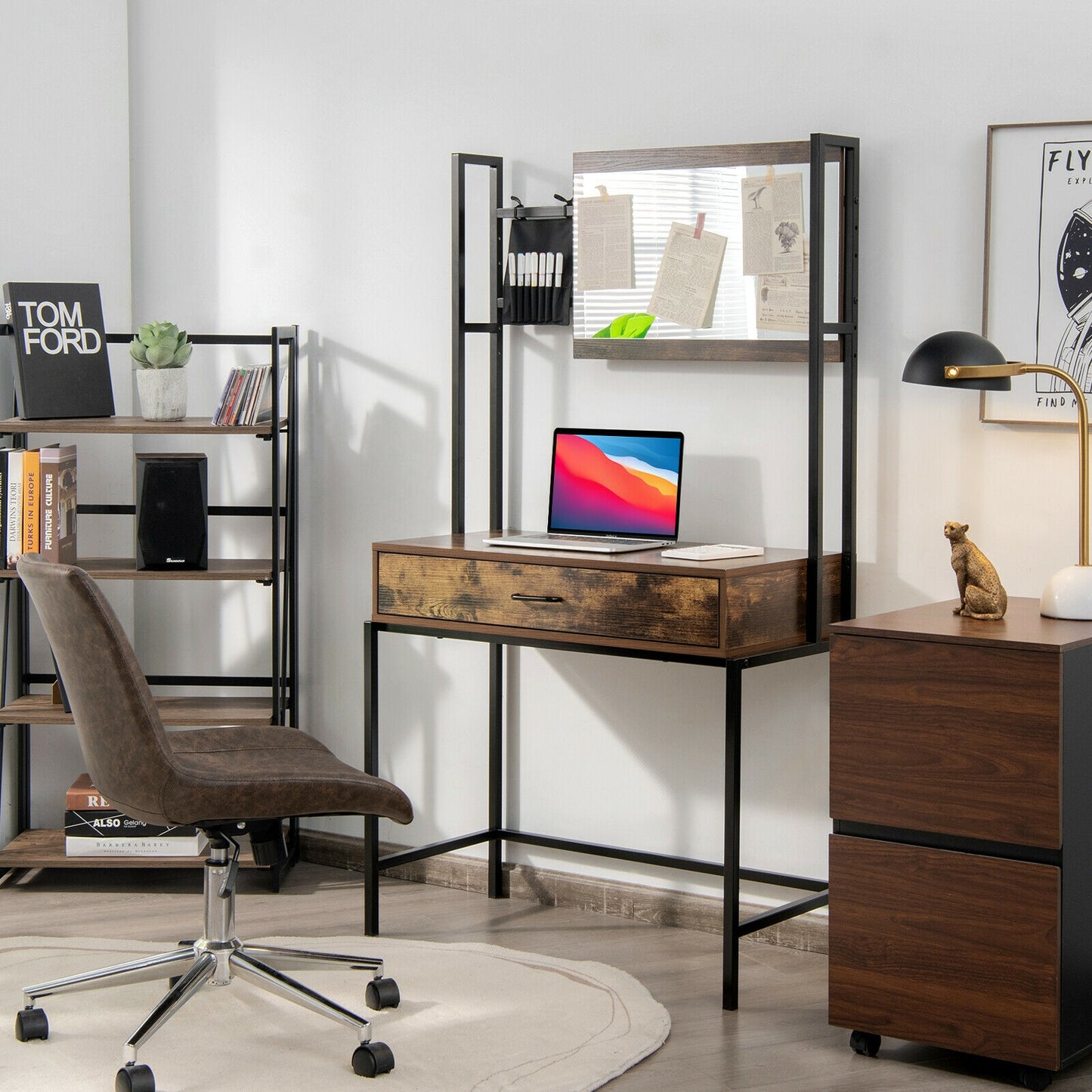 Industrial Vanity Table with 3-Height Adjustable Mirror