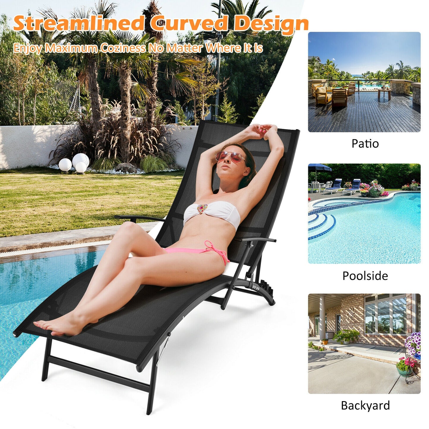 Folding Stackable Chaise Lounge Chairs Set of 2 with Armrests