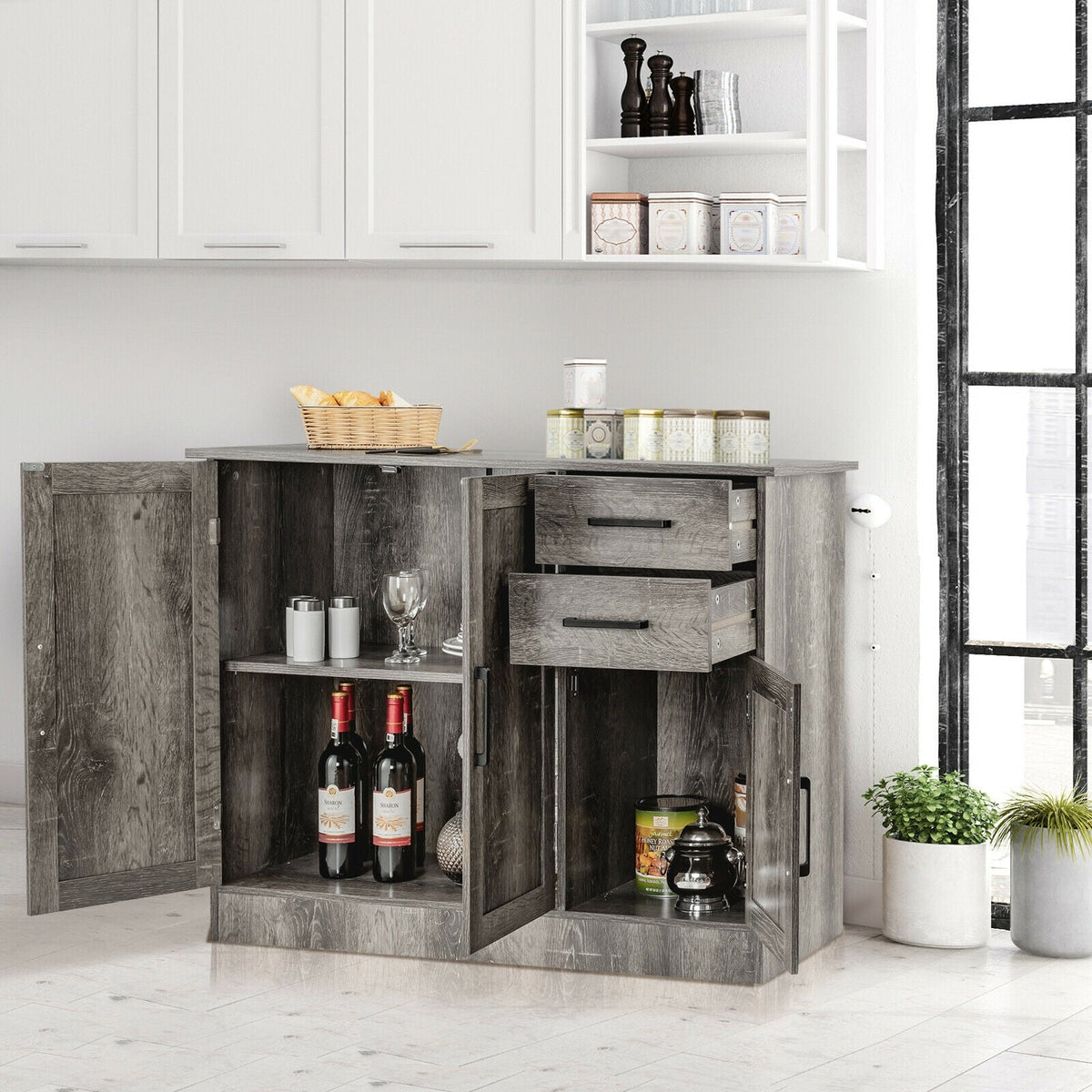 Buffet Storage Cabinet Kitchen Sideboard with 2 Drawers-Gray