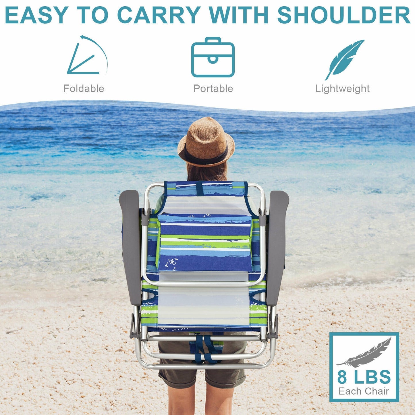 Folding Beach Chair 4-Pack with Adjustable Backrest & Pillow