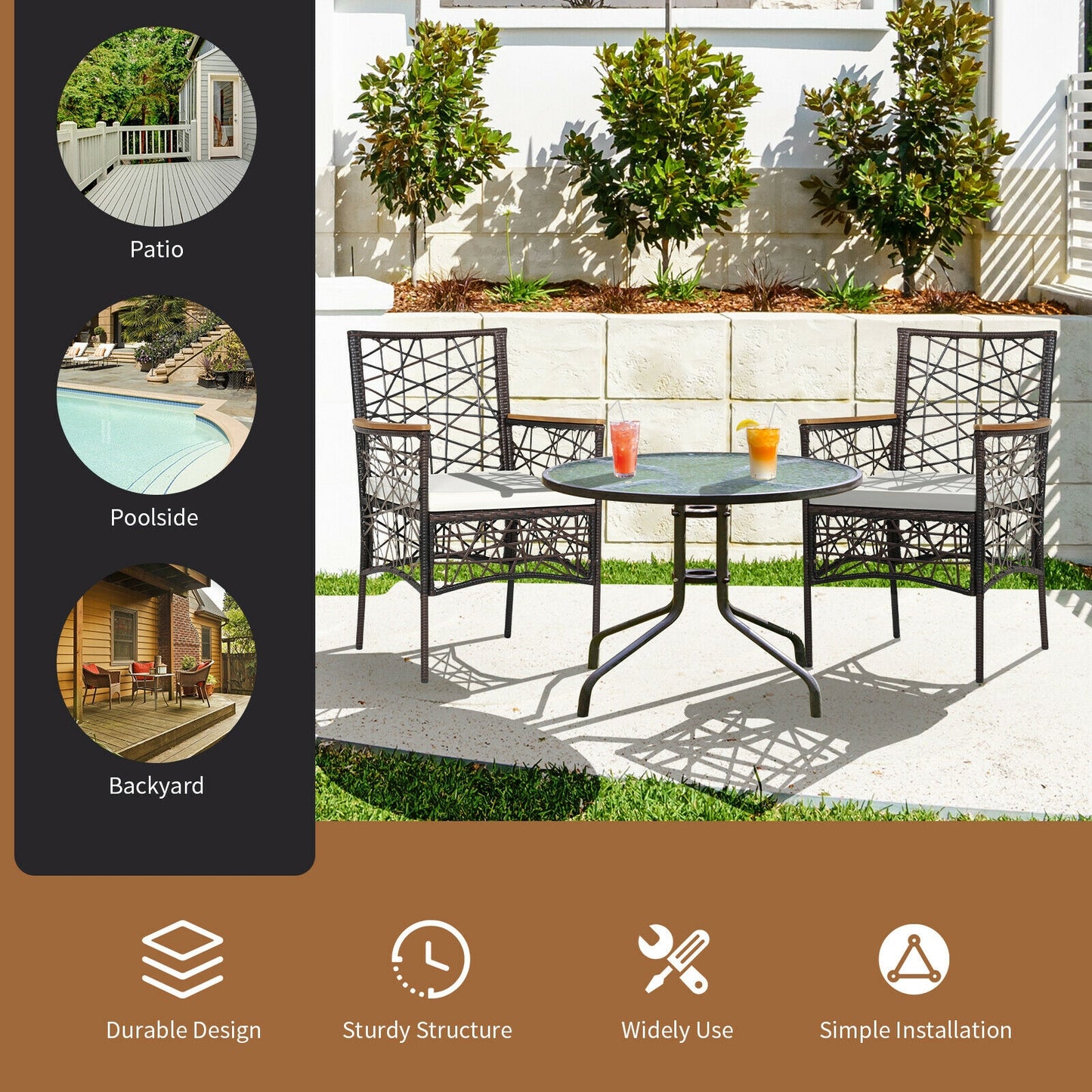 Patio Dining Chairs Set of 2 with Cushions & Wood Armrests