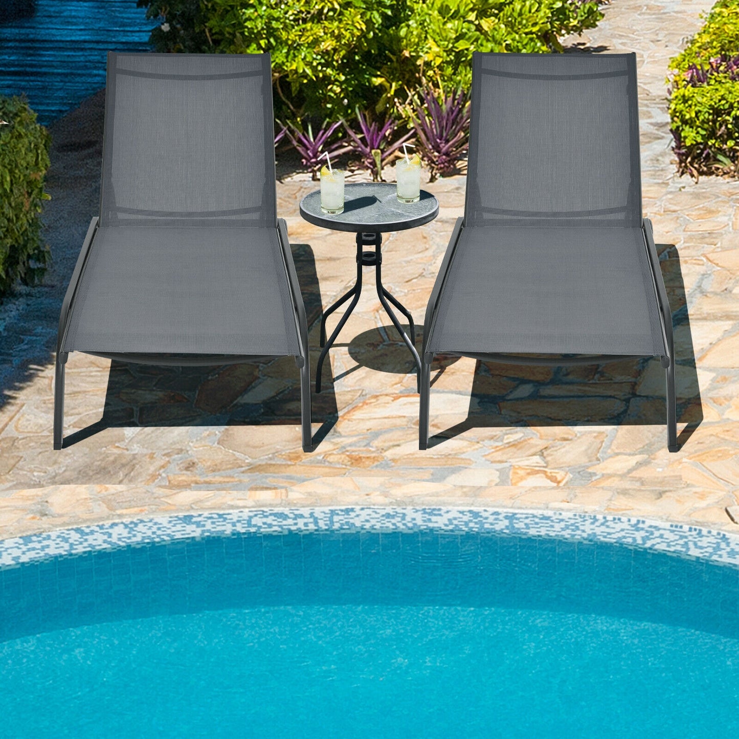 Adjustable Outdoor Chaise Lounge with Wheels - 6 Positions
