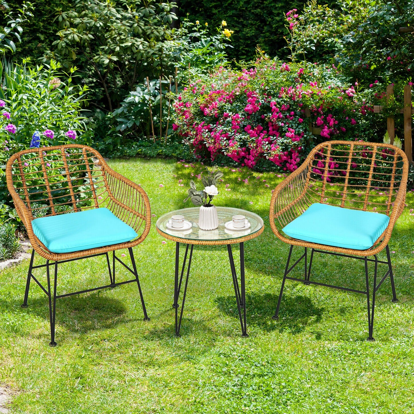 3-Piece Rattan Patio Conversation Set with Cushioned Chairs