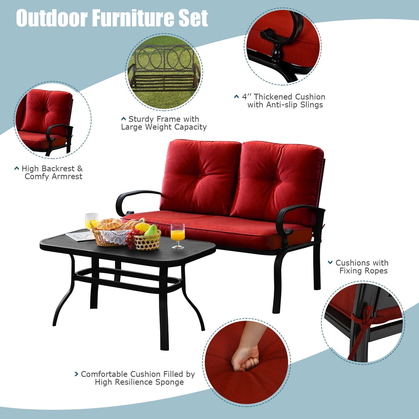 2-Piece Patio Loveseat Set with Cushions and Coffee Table