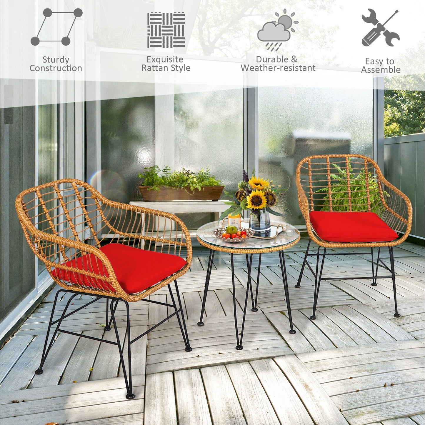 3-Piece Rattan Patio Conversation Set with Cushioned Chairs