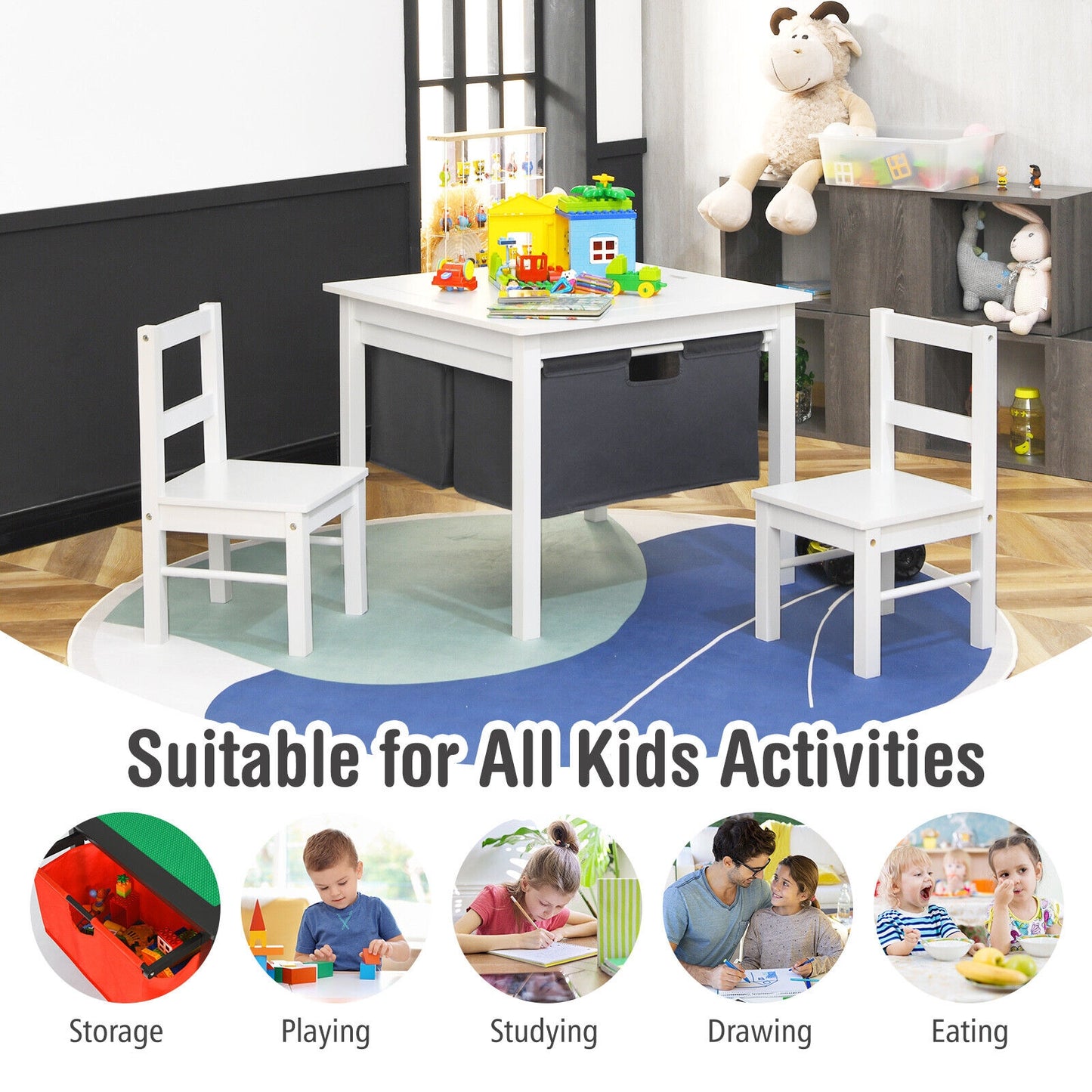 Kids 2-in-1 Activity Table with Building Block Board & Drawers