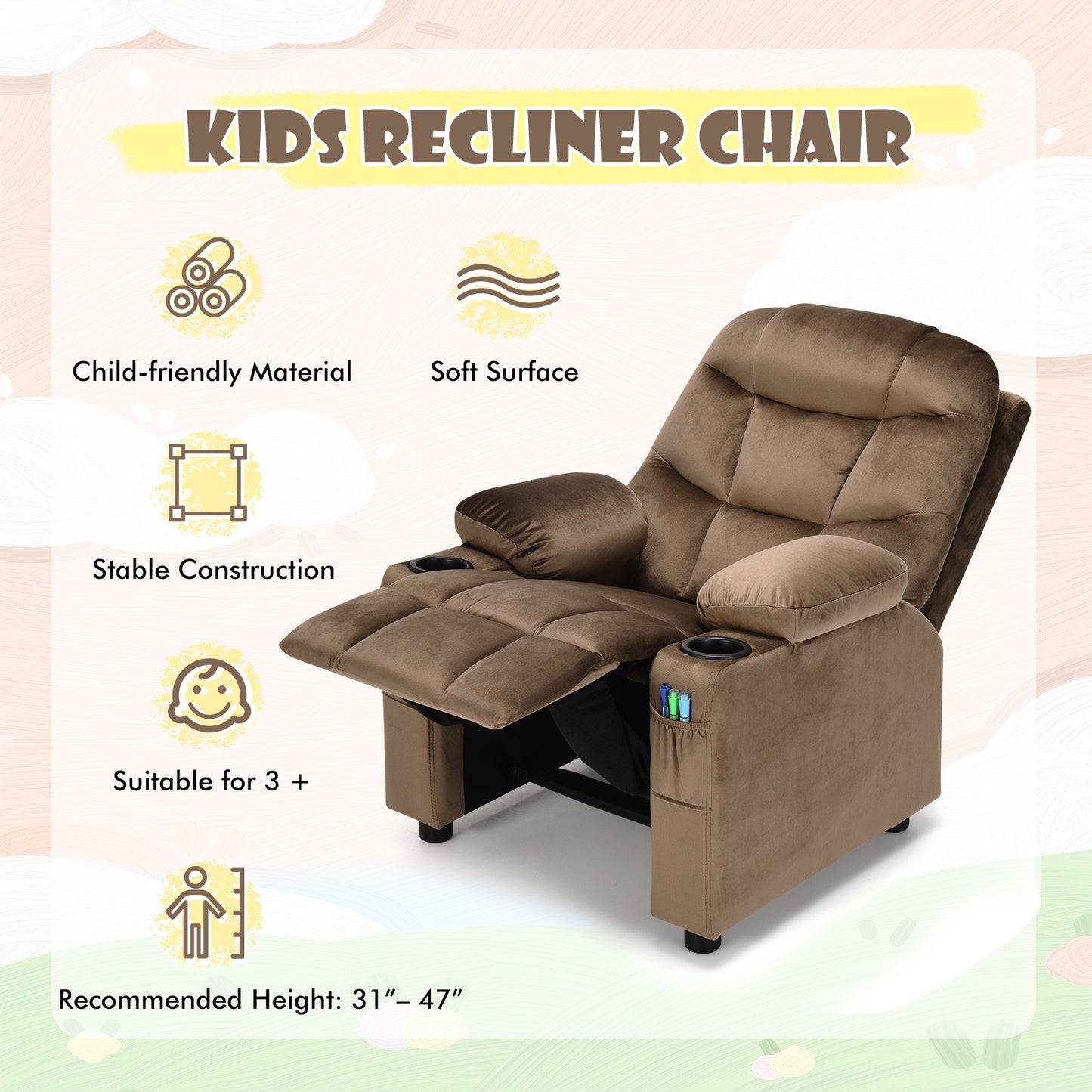 Kids Recliner Chair with Cup Holder and Footrest