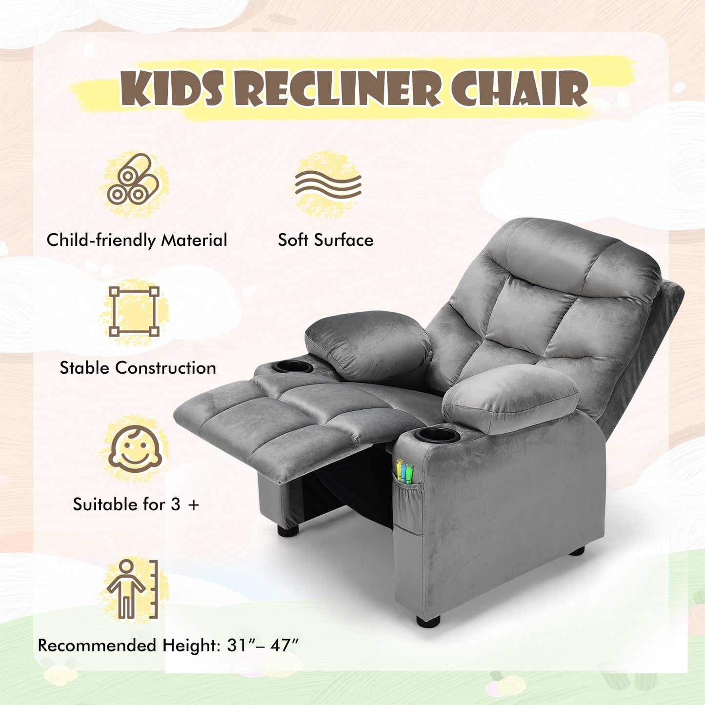 Kids Recliner Chair with Cup Holder and Footrest