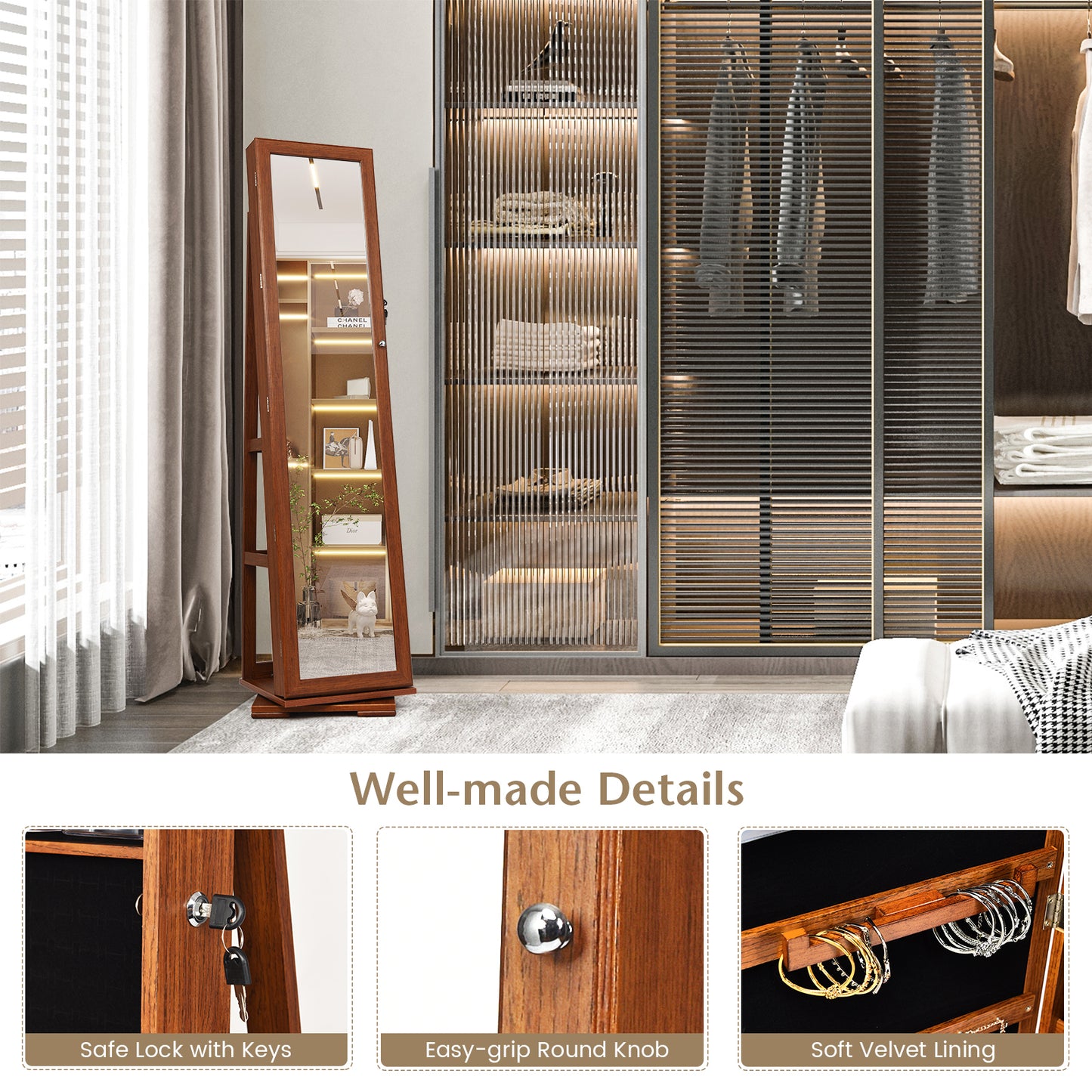 Jewelry Armoire with Full-Length Mirror and 360° Rotation