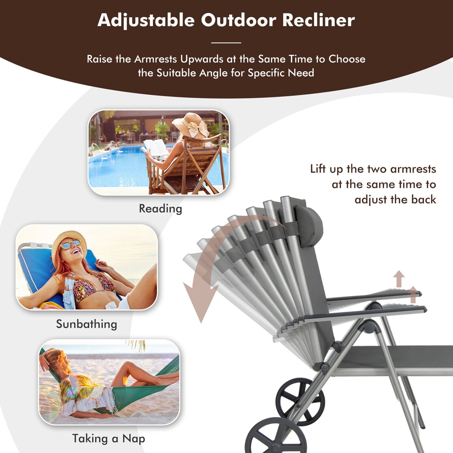 Adjustable Folding Chaise Lounge Chair with Wheels