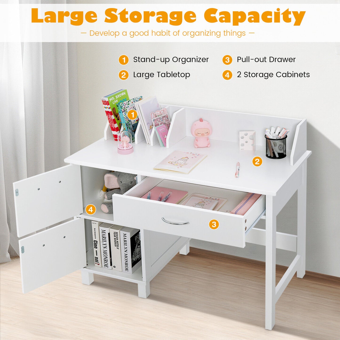 Kids Writing Desk and Chair Set with Storage Drawer