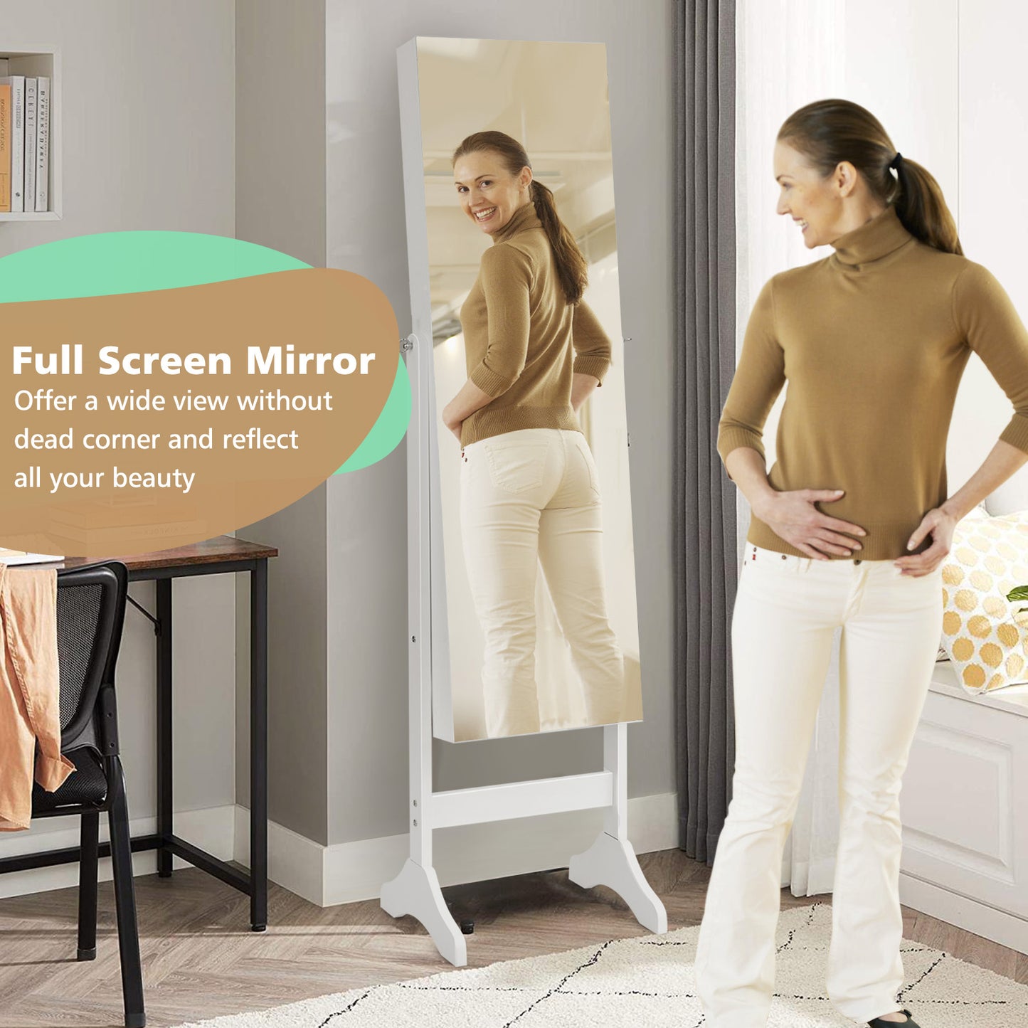 Standing Jewelry Cabinet with Full Length Mirror - White