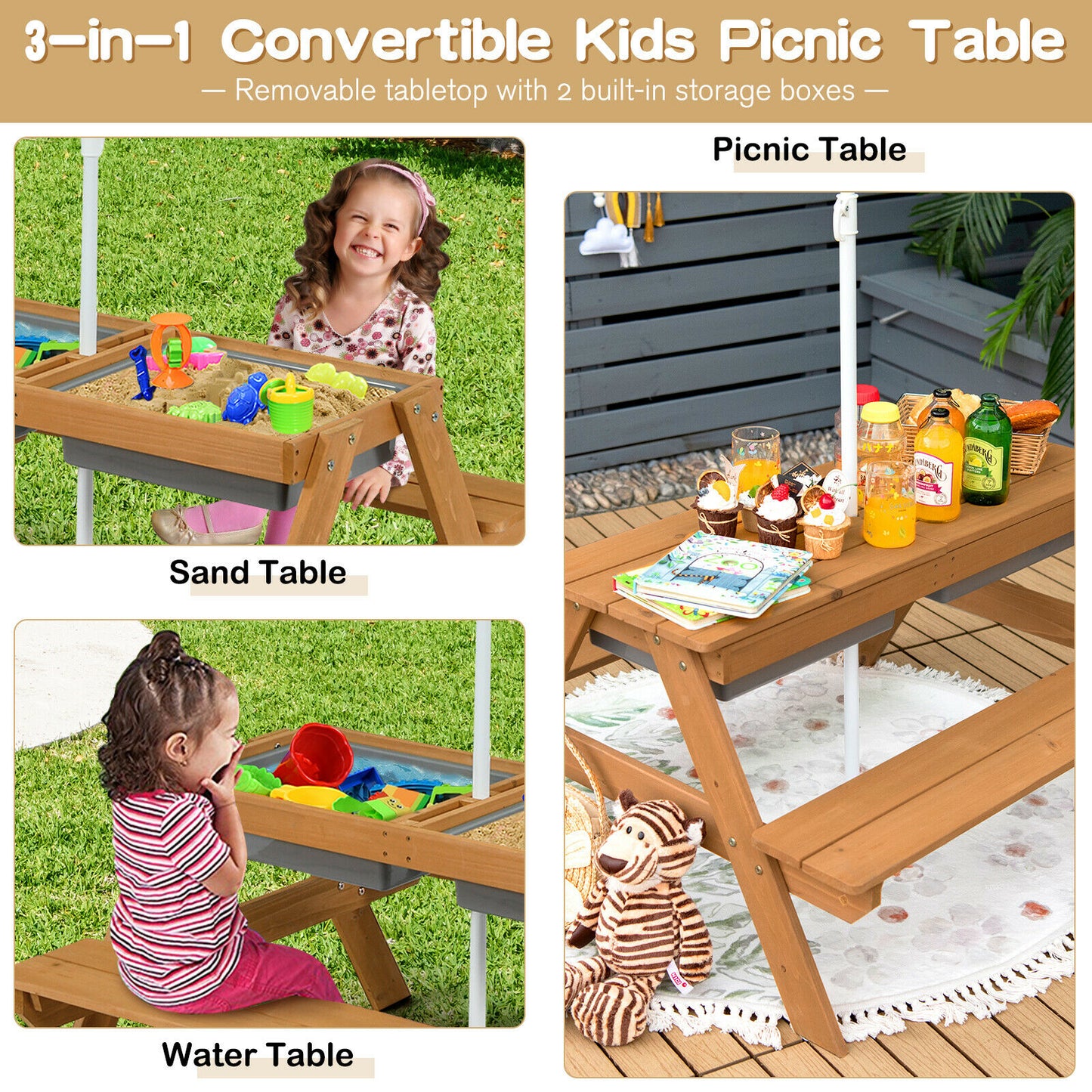 Kids Outdoor Picnic Table with Umbrella and Sand Water Play