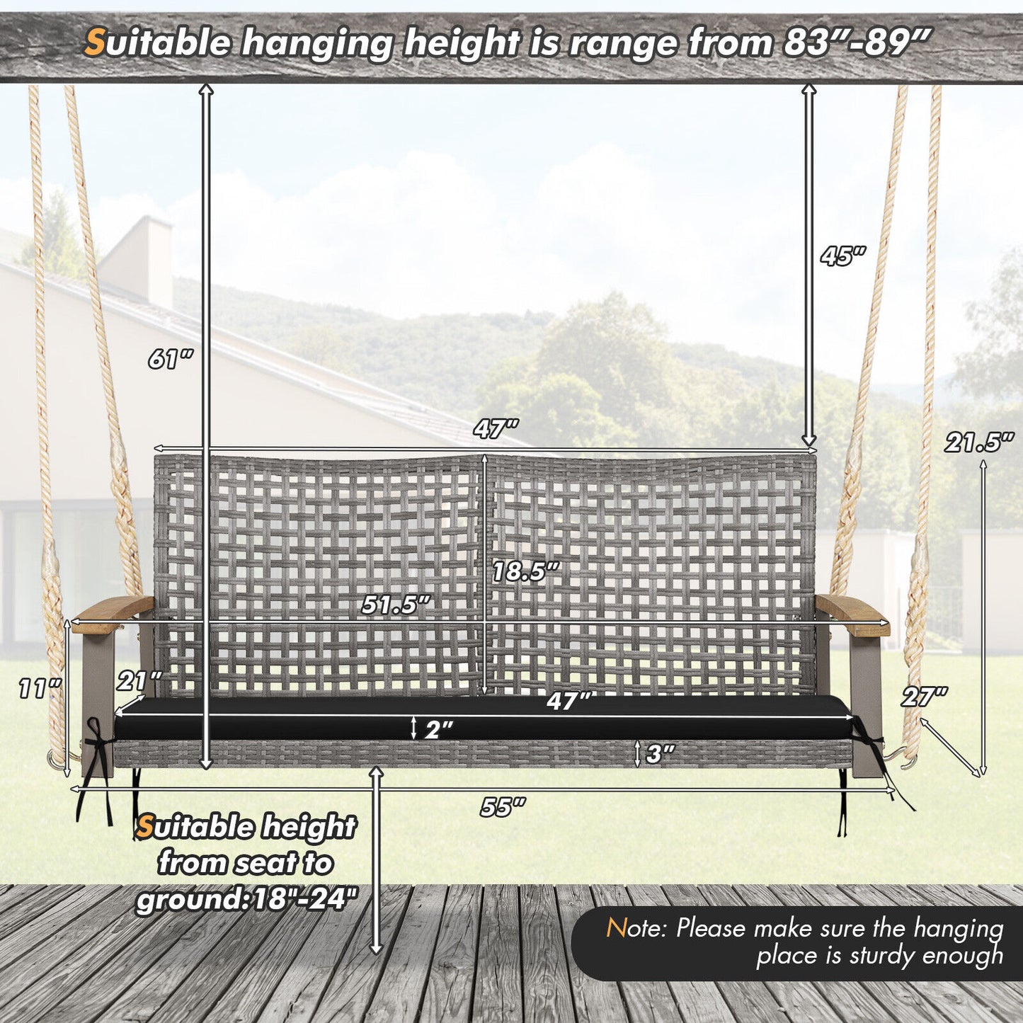 2-Person Wicker Porch Swing Chair with Cushion