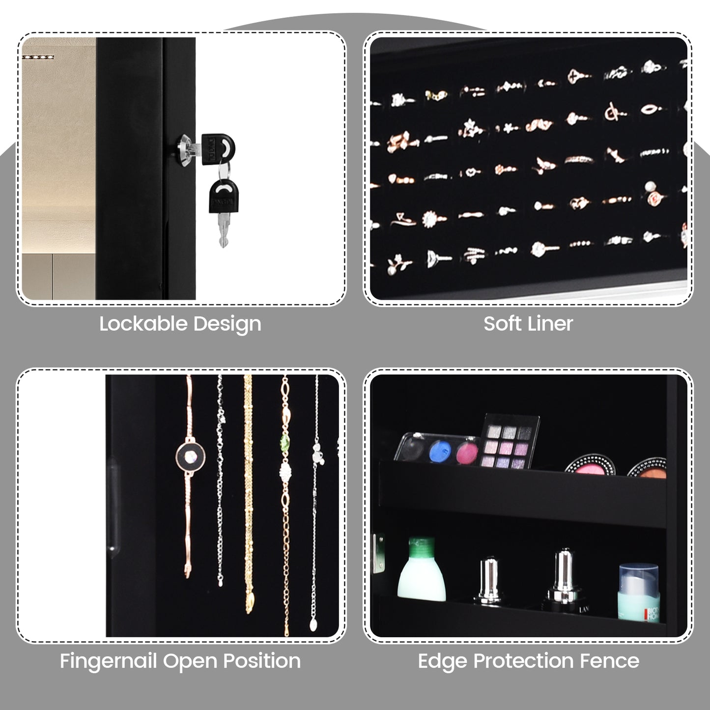 Wall Mounted Jewelry Cabinet with LED Lights and Mirror