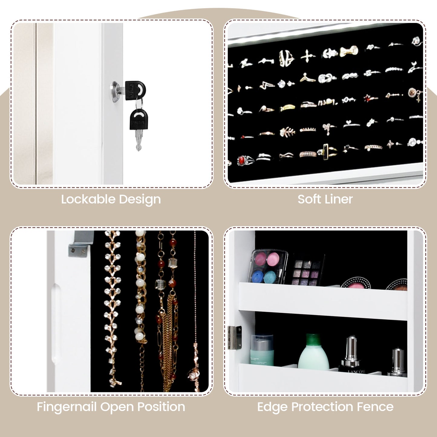 Wall Mounted Jewelry Cabinet with LED Lights and Mirror