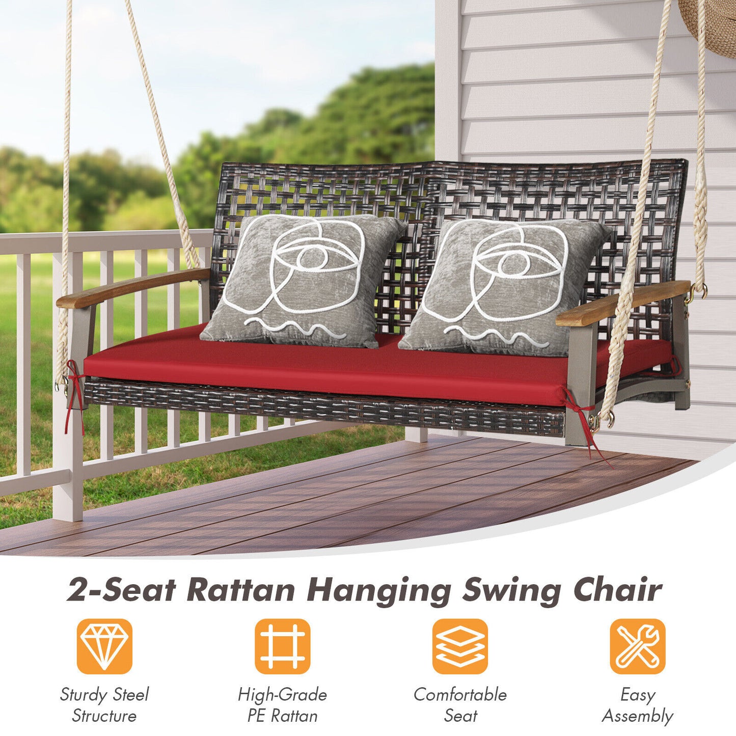 2-Person Rattan Porch Swing Chair with Cushion