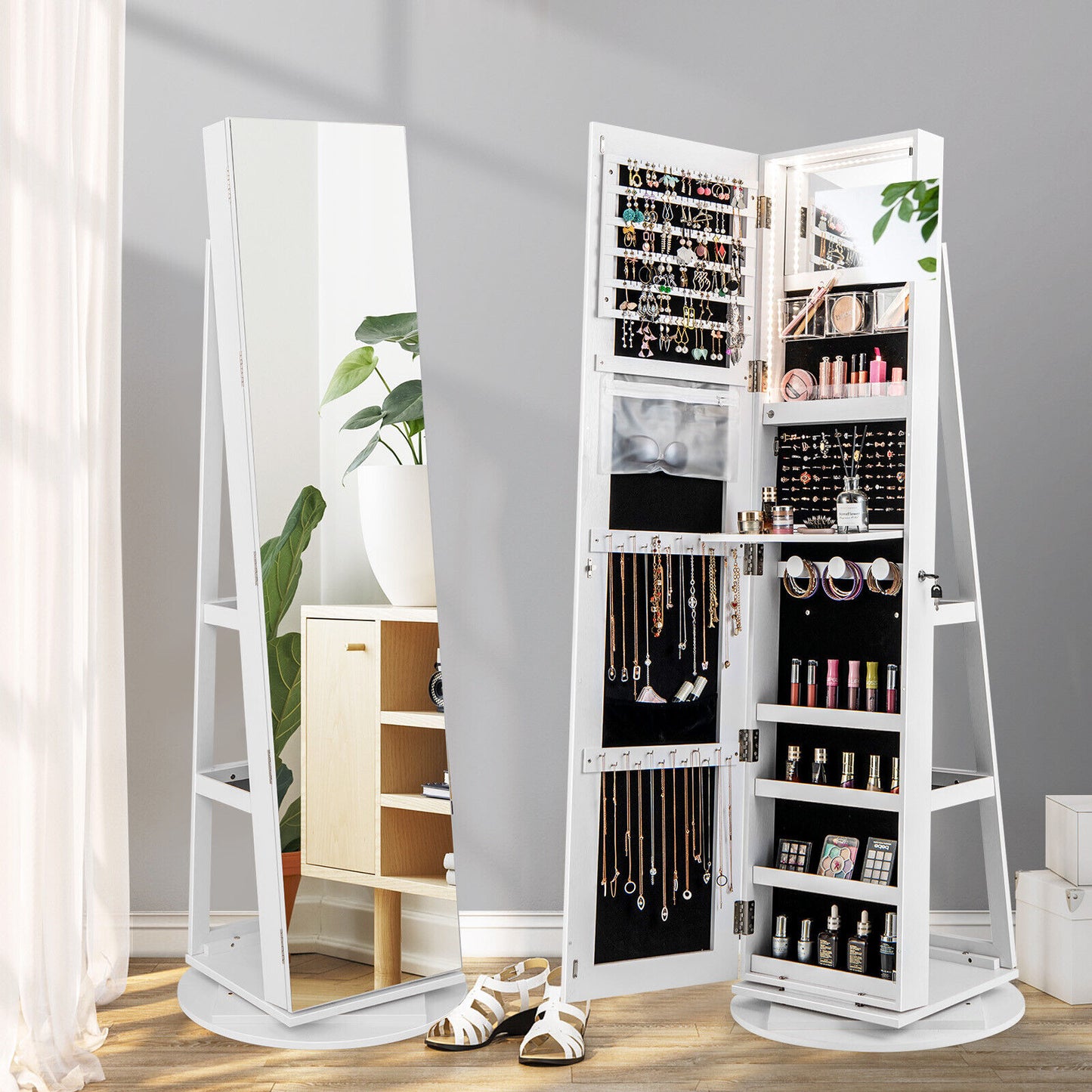 Rotating Mirrored Jewelry Armoire with LED Lighting