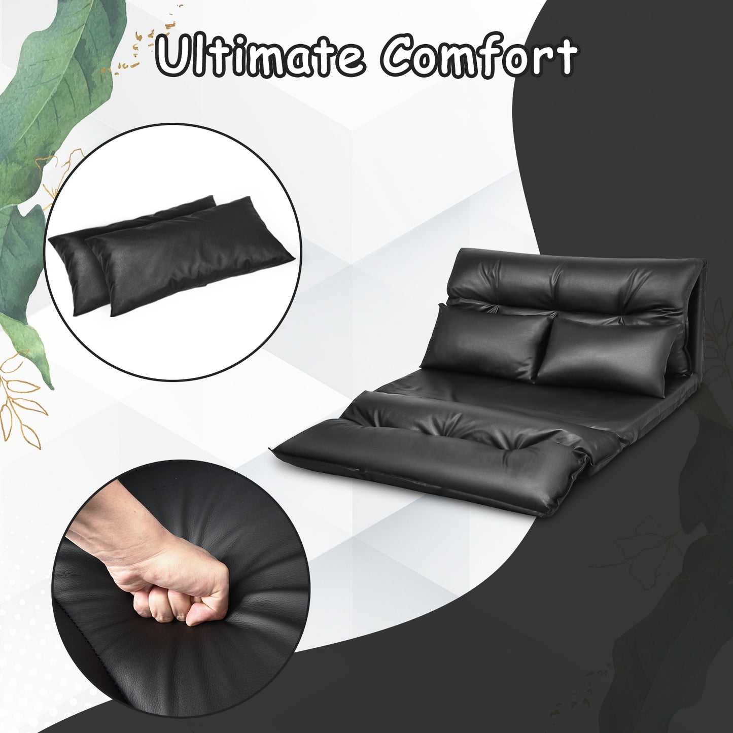 Adjustable Floor Sofa Bed with Pillows - Foldable PU Leather