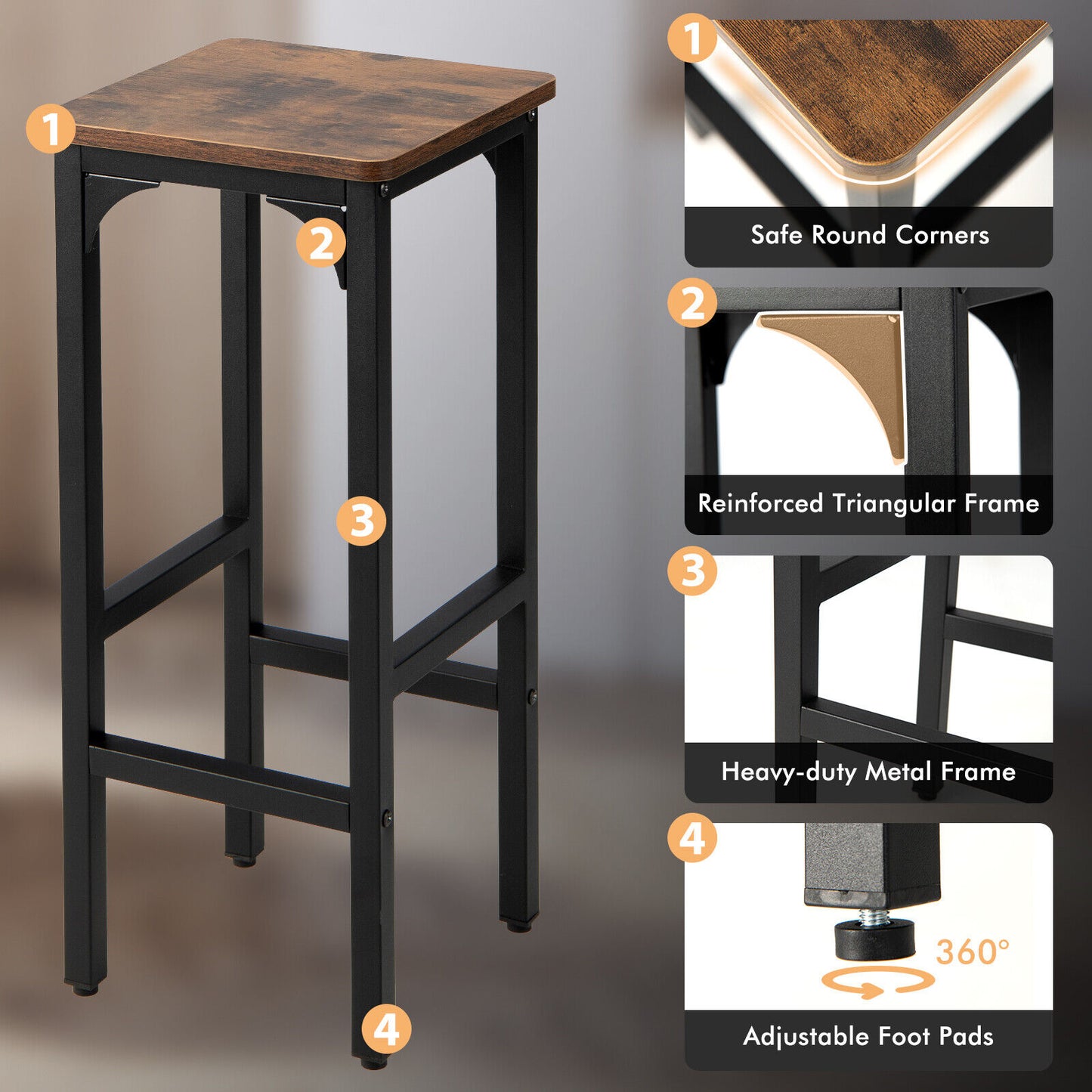 28-Inch Industrial Bar Stools Set of 2 with Footrest