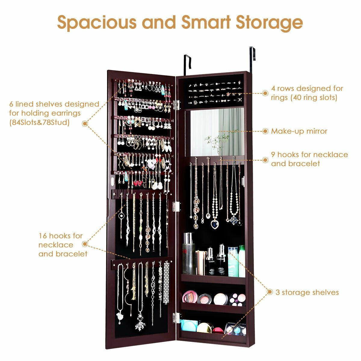 Full Length Mirror Jewelry Cabinet with Wall Mount