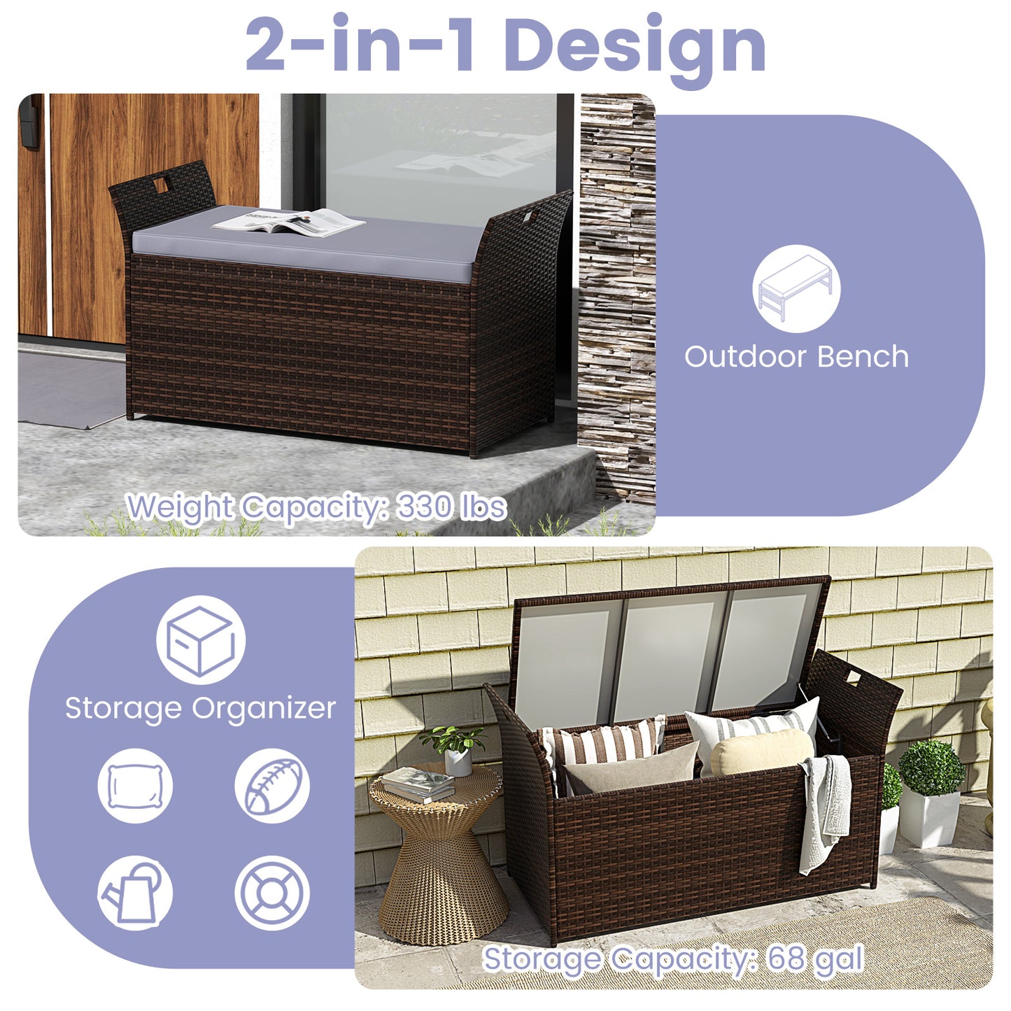 Outdoor Storage Bench with Hand-Woven PE Rattan Wicker
