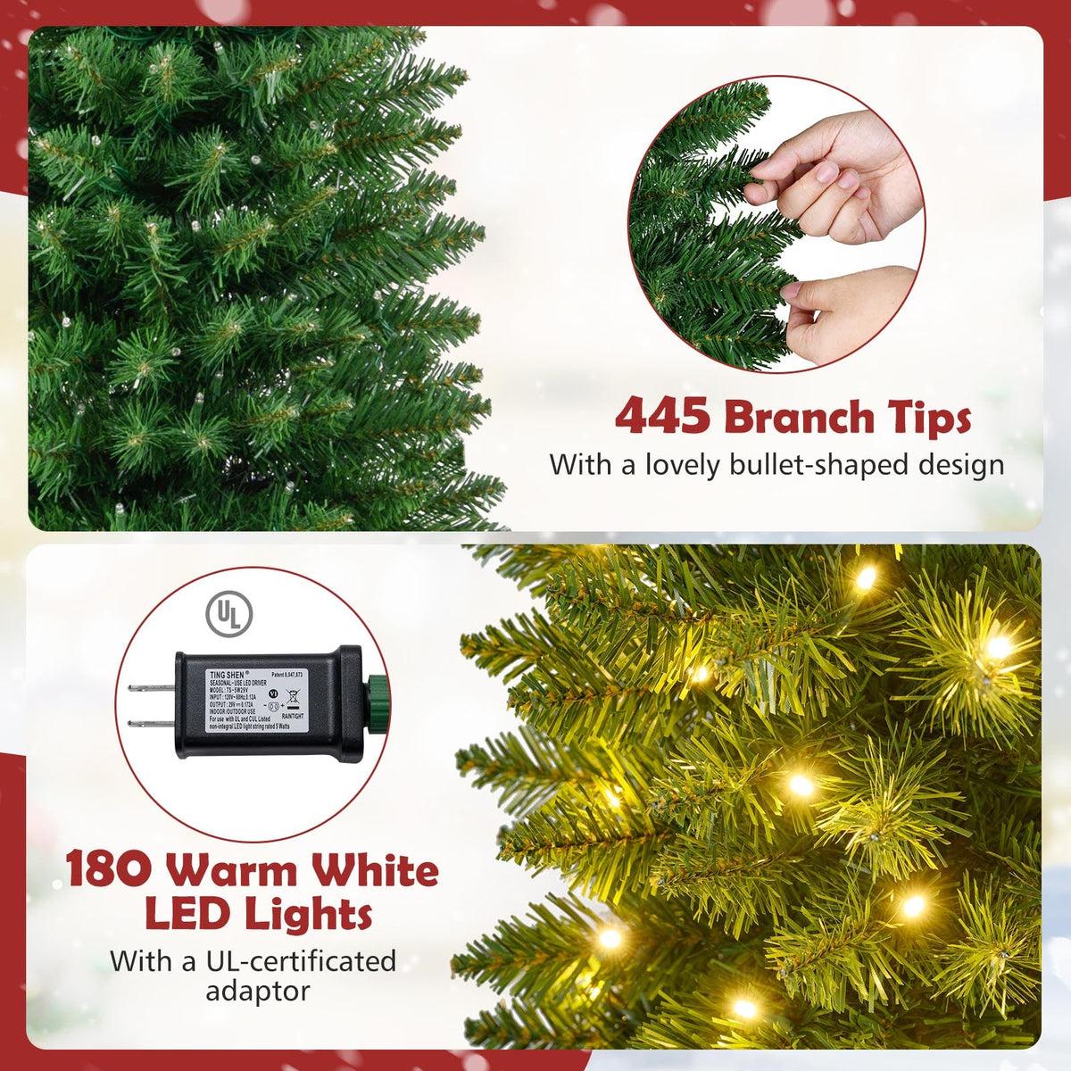 5/6/7/8/9 Feet Pre-lit Pencil Artificial Christmas Tree with 150/180/200//300/400 Warm White LED Lights