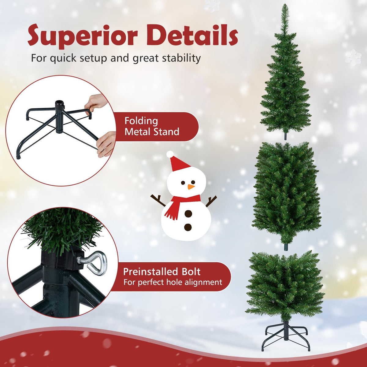 5/6/7/8/9 Feet Pre-lit Pencil Artificial Christmas Tree with 150/180/200//300/400 Warm White LED Lights